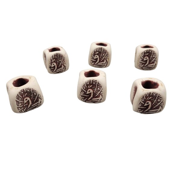 Handmade Bisque Fired Clay Beads Peacock Design Stamped Set of 6 - Picture 3 of 6